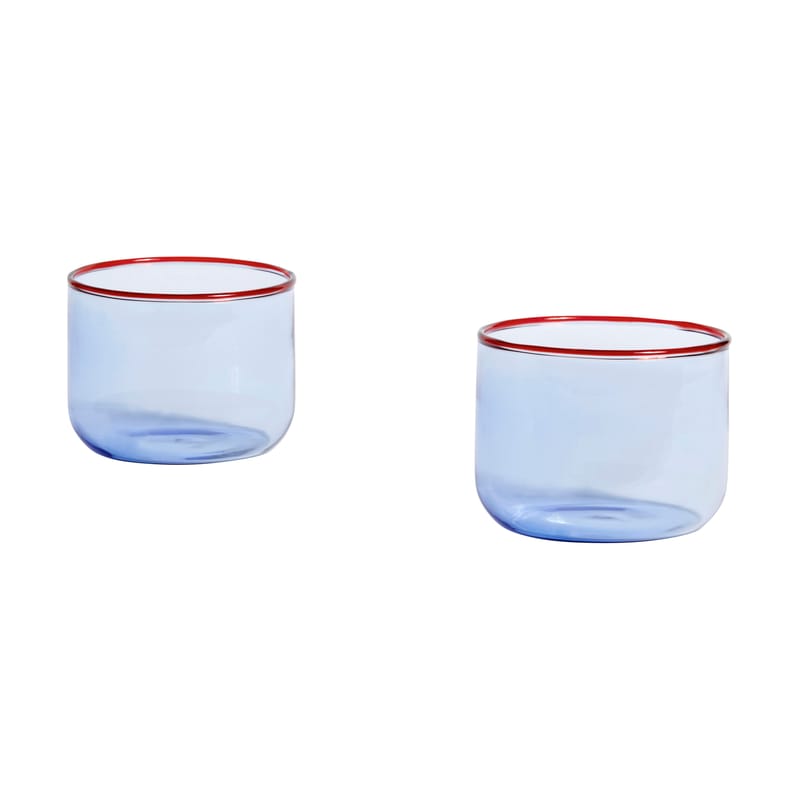 Table et cuisine - Verres  - Verre Tint Small verre bleu / Set de 2 - H 5,5 cm / 200 ml - Hay - Bleu clair / Bord rouge - Verre borosilicaté