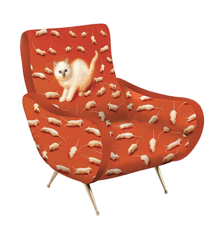 Möbel - Lounge Sessel - Gepolsterter Sessel Toiletpaper / Chat textil rot orange bunt / Katze - Velours - Seletti - Orange / Katz & Maus - Holz, Metall, Polyurethan-Schaum, Velours