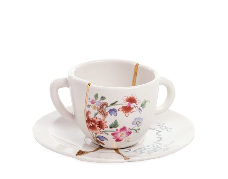 Tisch und Küche - Tee und Kaffee - Kaffeetasse Kintsugi keramik weiß / Set aus Kaffeetasse + Untertasse - Seletti - Weiß & Gold / Blumenmotiv mehrfarbig - Gold, Porzellan