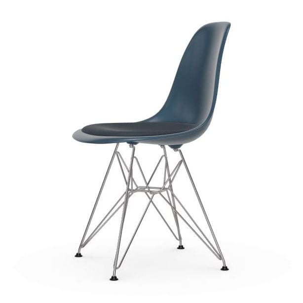 Mobilier - Chaises, fauteuils de salle à manger - Chaise DSR - Eames Plastic Side Chair plastique bleu / (1950) - Galette d\'assise - Vitra - Bleu de mer / Coussin bleu - Acier, Mousse polyuréthane, Polypropylène, Tissu