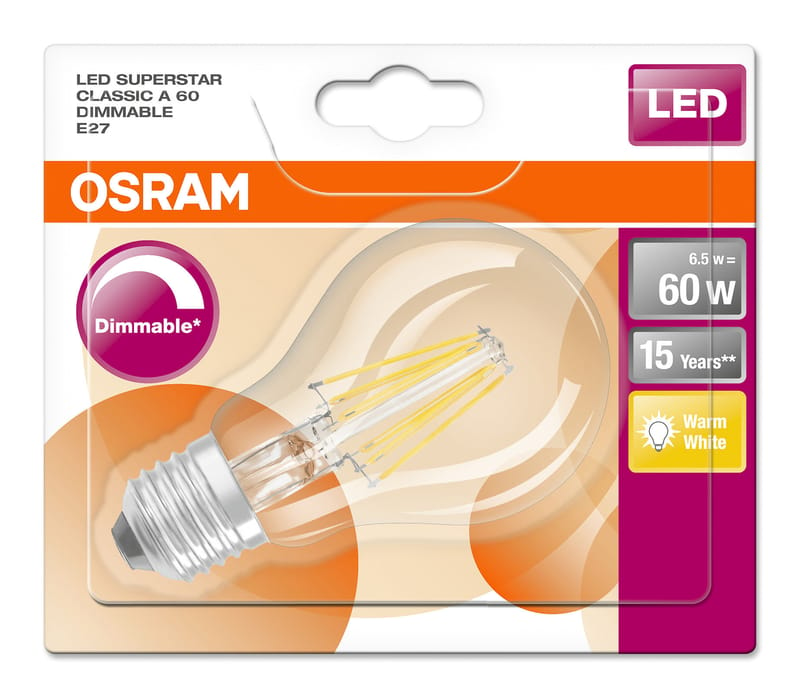 Lampe LED OSRAM Label énergétique A + (A ++ - E) E27 Poire 6,5 W = 50 W  Warmwit (Ø x