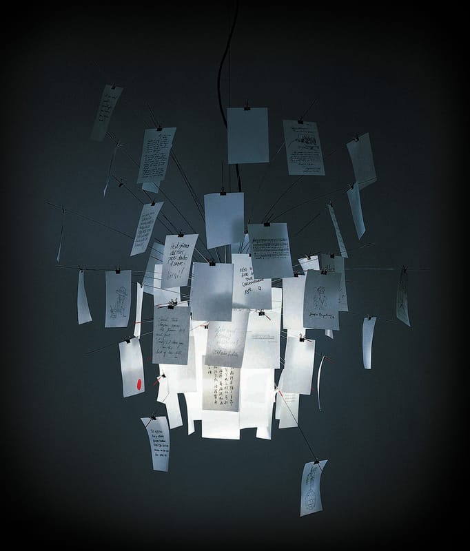 Luminaire - Suspensions - Suspension Zettel\'z 5   - Ingo Maurer - Inox / Papier blanc et imprimé - Ø 120 cm - Métal, Papier