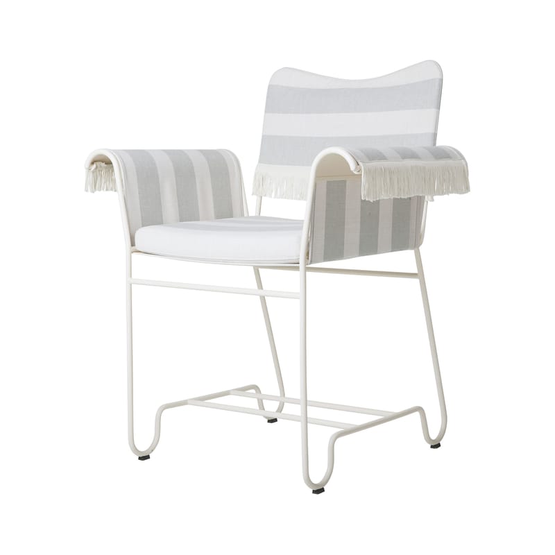 Furniture - Chairs - Tropique Armchair textile grey / With fringes - Fabric / Matégot, 50s reissue - Gubi - Bluish grey stripes / White leg - Fabric, Foam, Stainless steel