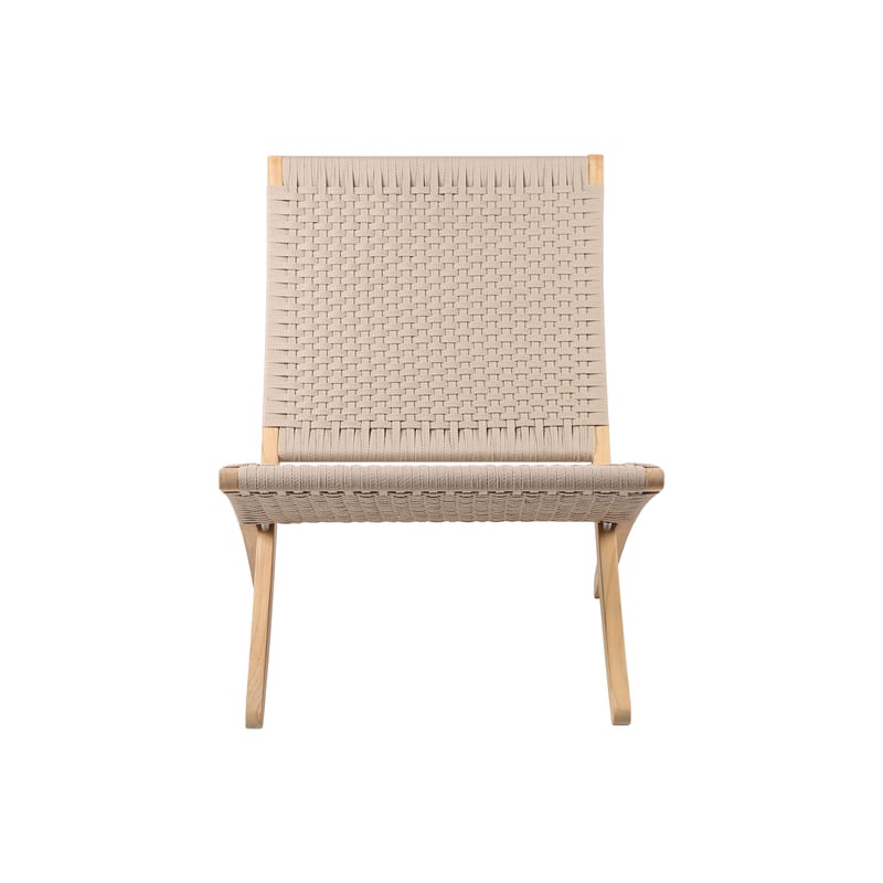 Mobilier - Fauteuils - Fauteuil lounge MG501 - Cuba Chair tissu beige / Morten Gøttler, 1997 - Pliable/ Corde de coton - CARL HANSEN & SON - Teck FSC / Corde plate coton Sésame - Coton, Teck massif FSC