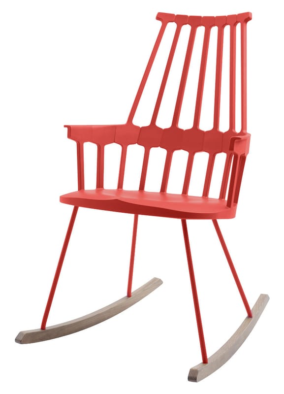 Mobilier - Fauteuils - Rocking chair Comback plastique rouge bois naturel / Patricia Urquiola, 2012 - Kartell - Rouge orangé/Bois - Frêne teinté, Technopolymère thermoplastique