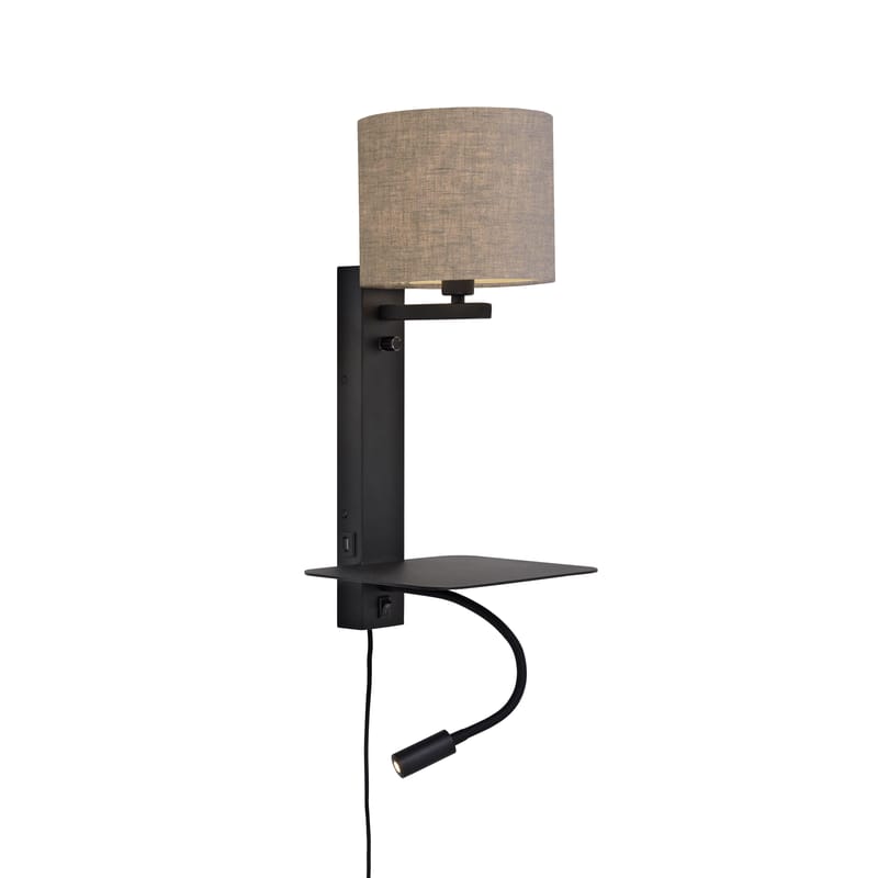 Lighting - Wall Lights - Florence Wall light with plug metal beige / Fabric lampshade - LED reading light, shelf & USB port - It\'s about Romi - Dark linen - Cotton, Iron