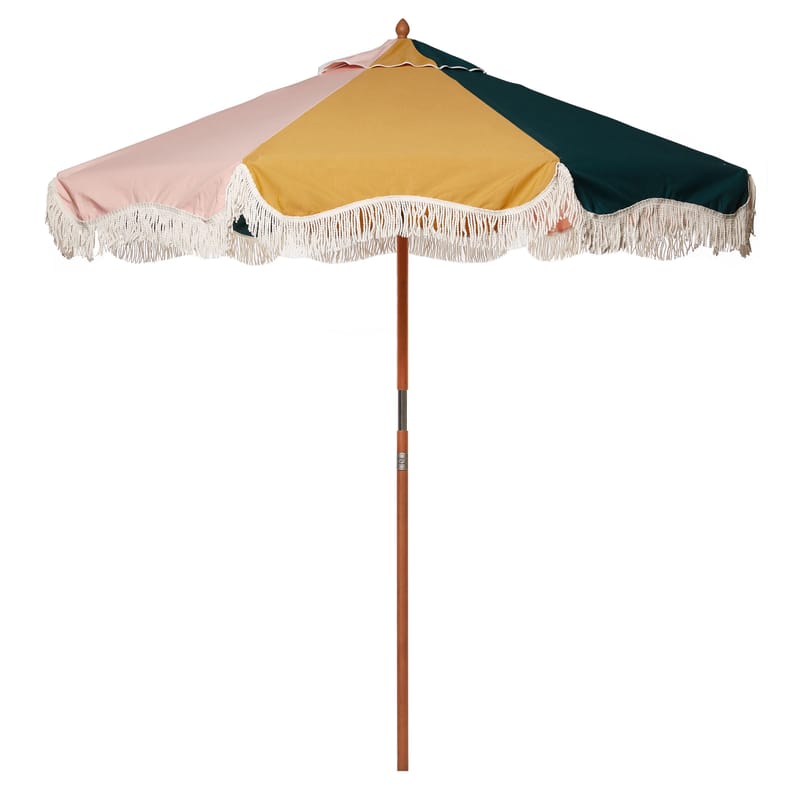 Outdoor - Parasols - The Premium Beach Parasol textile wood multicoloured / Ø 180 cm - Tilting - BUSINESS & PLEASURE - Solid yellow & flowers / Paisley Bay - Fibreglass, Outdoor fabric, Polished aluminium, Reclaimed glued laminated timber