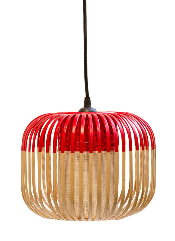 Lighting - Pendant Lighting - Bamboo Light XS Pendant metal textile red natural wood H 20 x Ø 27 cm - Forestier - Red / Natural - Fabric, Metal, Natural bamboo