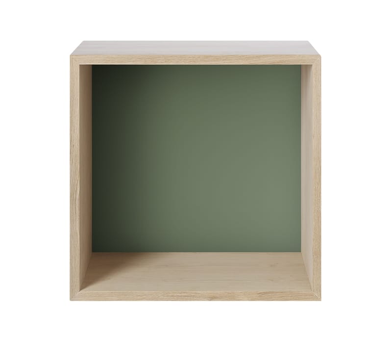 Furniture - Bookcases & Bookshelves - Mini Stacked 2.0 Shelf green natural wood / Medium carré 33x33 cm / Avec fond coloré - Muuto - Oak / Antique green background - Oak veneer MDF, Painted MDF