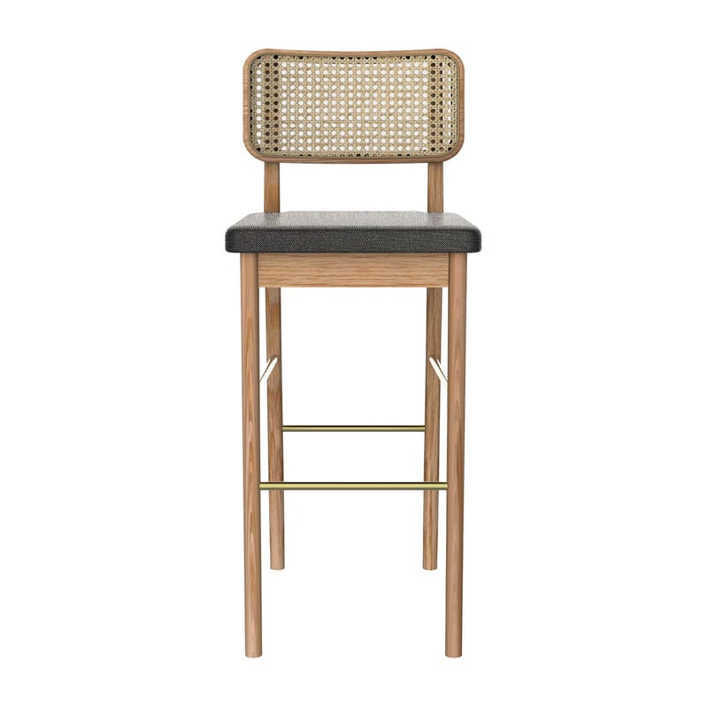 Furniture - Bar Stools - Cannage Bar stool cane & fibres natural wood / H 65 cm - Fabric - RED Edition - Caviar grey fabric / Oak - Brass, Fabric, Foam, Rattan, Solid oak