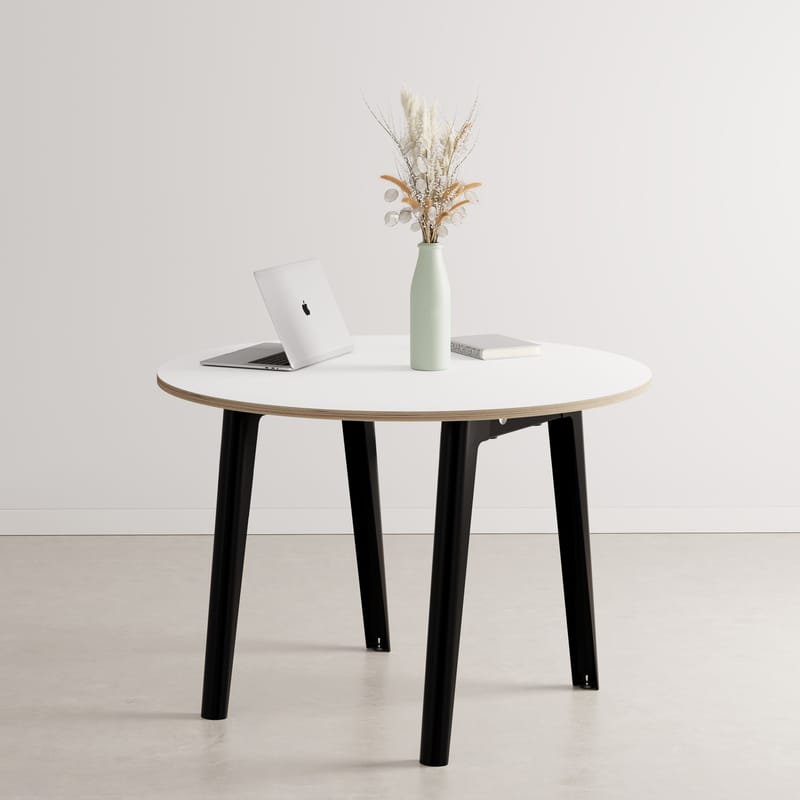Mobilier - Tables - Table ronde New Modern métal / Ø 110 cm - Stratifié / 4 à 6 personnes - TIPTOE - Noir Graphite / Plateau blanc - Acier thermolaqué, Stratifié
