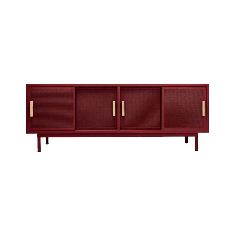 Furniture - Dressers & Storage Units - 4 portes Dresser metal red / L 200 x H 75 cm - Perforated steel & oak - Tolix - Burgundy (fine matt texture) - Oak, Steel