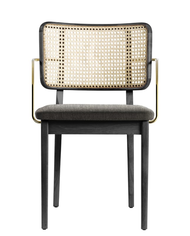Furniture - Chairs - Cannage Bridge armchair textile cane & fibres wood black / Fabric - RED Edition - Caviar beige / Natural & brass - Brass, Cotton, Foam, Rattan, Tinted oak wood