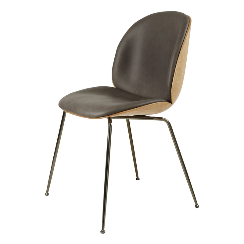 Furniture - Chairs - Beetle 3D Veneer Padded chair leather grey black natural wood / Wood & leather - Gubi - Anthracite leather & oak / Black legs - Leather, Oak veneer, Varnished steel