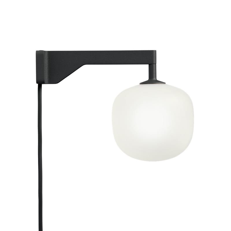 Lighting - Wall Lights - Rime Wall light with plug glass black / Hand-blown glass - Muuto - Black / White sphere - Aluminium, Mouth blown glass