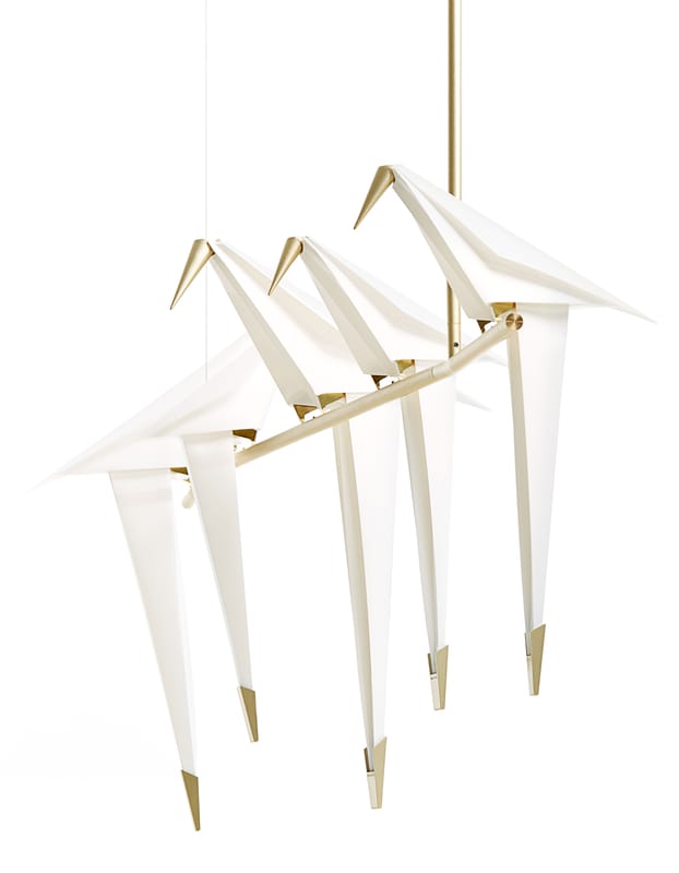 Lighting - Pendant Lighting - Perch Light Branch LED Pendant plastic material white gold metal Swiveling birds / L 100 cm - Moooi - White & brass - Aluminium, Polypropylene, Steel