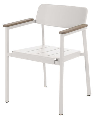 Mobilier - Chaises, fauteuils de salle à manger - Fauteuil empilable Shine / Métal & accoudoirs bois - Emu - Blanc / Accoudoirs teck - Aluminium verni, Teck