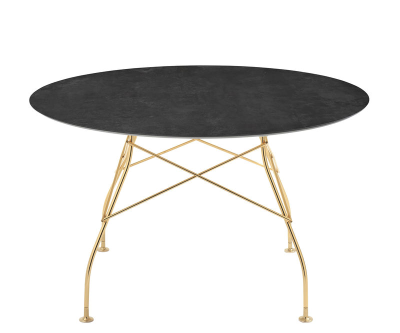 Christmas - Party table - Glossy Marble Round table ceramic stone brown / Ø 128 cm - Marble-effect sandstone - Kartell - Antique bronze / Gilded foot - Gold finish steel, Marble-effect sandstone