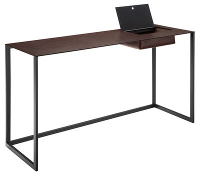 Furniture - Office Furniture - Calamo Desk by Zanotta - Brown leather / Graphite structure - Leather, Varnished steel
