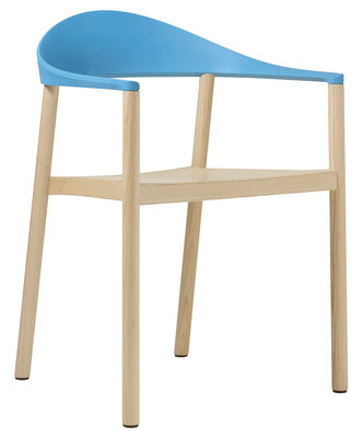 Möbel - Stühle  - Monza Stapelbarer Sessel Gestell Naturholz - Plank - Naturholz - Lehne blau - lackierte Esche, Polypropylen