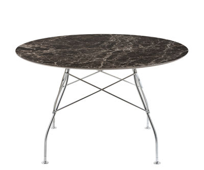 Furniture - Dining Tables - Glossy Marble Round table - / Ø 128 cm- Marble-effect sandstone by Kartell - Brown / Chromed leg - Chromed steel, Marble-effect sandstone