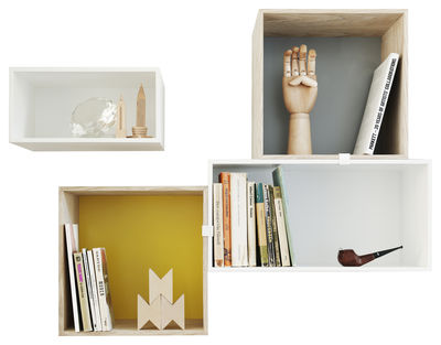 Furniture - Bookcases & Bookshelves - Mini Stacked Shelf - Composition 4 modules by Muuto - White / Ash / Yellow & grey backboard - MDF