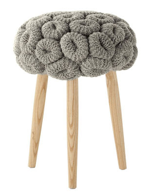 Furniture - Stools - Knitted Stool - Ø 35 x H 52 cm by Gan - Grey / Ash wood - Ashwood, New wool