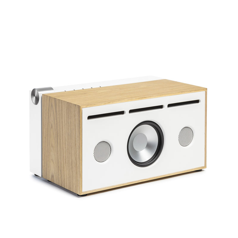 Decoration - High Tech - PR 01 Bluetooth speaker metal textile wood white / With Active Pressure Reflex technology - La Boîte Concept - White & oak - Aluminium, Fabric, Solid oak