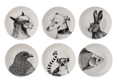 Tavola - Piatti  - Piatto Animals - / Ø 24 cm - Set da 6 di Pols Potten - Nero & bianco - Porcellana vetrificata