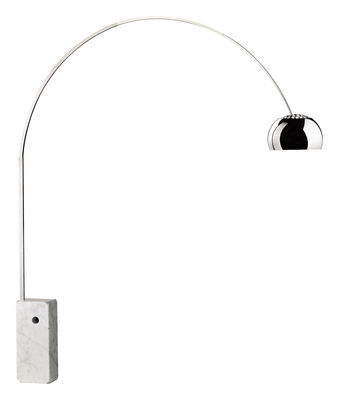 Luminaire - Lampadaires - Lampadaire Arco (1962) / H 240 cm - Flos - Acier / Marbre blanc - Acier inoxydable, Aluminium poli, Marbre blanc de Carrare