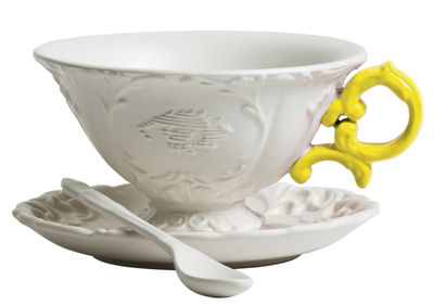 Tavola - Tazze e Boccali - Tazza da tè I-Tea - / Set tazza + sottopiattino + cucchiaio di Seletti - Bianco / Manico giallo - Porcellana