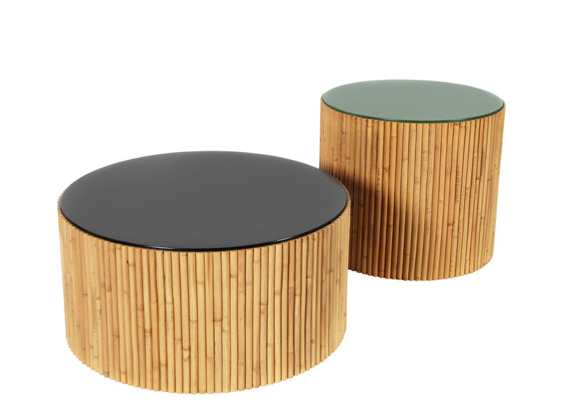Furniture - Coffee Tables - Riviera Duo Coffee table wood green black / Set of 2 - Ø 60 & Ø 45 cm - Maison Sarah Lavoine - Black & green - Lacquered wood, Natural rattan