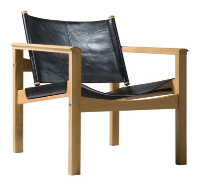 Furniture - Armchairs - Peglev Armchair - Armchair by Objekto - Oiled oak structure / Black leather seat - Leather, Oak