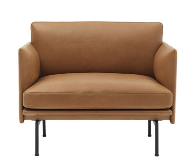 Möbel - Lounge Sessel - Outline Gepolsterter Sessel / Leder - Muuto - Lederbezug cognacfarben / Stuhlbeine schwarz -  Plumes, lackiertes Aluminium, Schaumstoff, Vollnarben-Leder