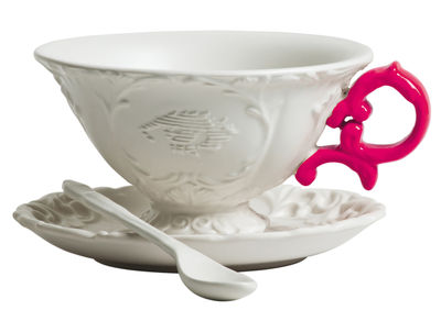 Table et cuisine - Tasses et mugs - Tasse à thé I-Tea / Set tasse + soucoupe + cuillère - Seletti - Blanc / Anse fuchsia - Porcelaine