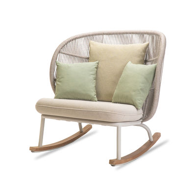 Furniture - Armchairs - Kodo Rocking chair - / Hand-woven acrylic cord by Vincent Sheppard - Dune white / Pale yellow, Green & Beige - Foam, Outdoor fabric, Polypropylene rope, Teak, Thermolacquered aluminium