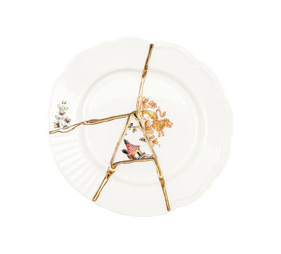 Tisch und Küche - Teller - Kintsugi Dessertteller / Porzellan & Feingold - Seletti - Weiß & Gold / Motive mehrfarbig - Gold, Porzellan