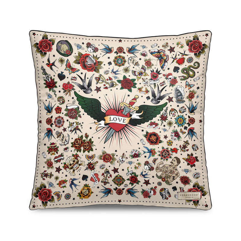 Decoration - Cushions & Poufs - Tatoo Cushion textile multicoloured / Velvet - 45 x 45 cm - PÔDEVACHE - Love Tattoo / Beige - Polyester, Velvet
