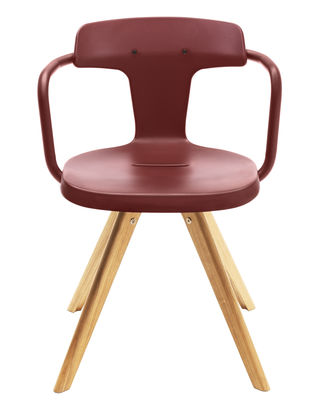Furniture - Chairs - T14 Armchair - Metal & wood legs by Tolix - Red / Wood legs - Lacquered recycled steel, Oak