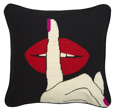 Decoration - Cushions & Poufs - Hush Lips Cushion - / Hand-embroidered - 46 x 46 cm by Jonathan Adler - Black & red - Velvet, Wool
