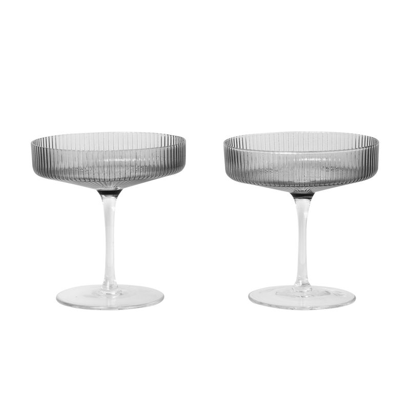 Table et cuisine - Verres  - Coupe à champagne Ripple verre gris transparent / Set de 2 - Verre strié - Ferm Living - Gris fumé - Verre soufflé bouche