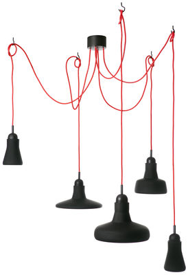 Luminaire - Suspensions - Suspension Shadows LED / Set de 5 - Brokis - Noir / câble rouge - Chêne, Verre soufflé