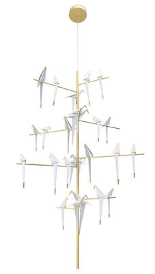 Illuminazione - Lampadari - Sospensione Perch Light Tree LED - / Uccelli mobili - Ø 170 x H 270 cm di Moooi - Bianco & ottone - Acciaio, Alluminio, Polipropilene
