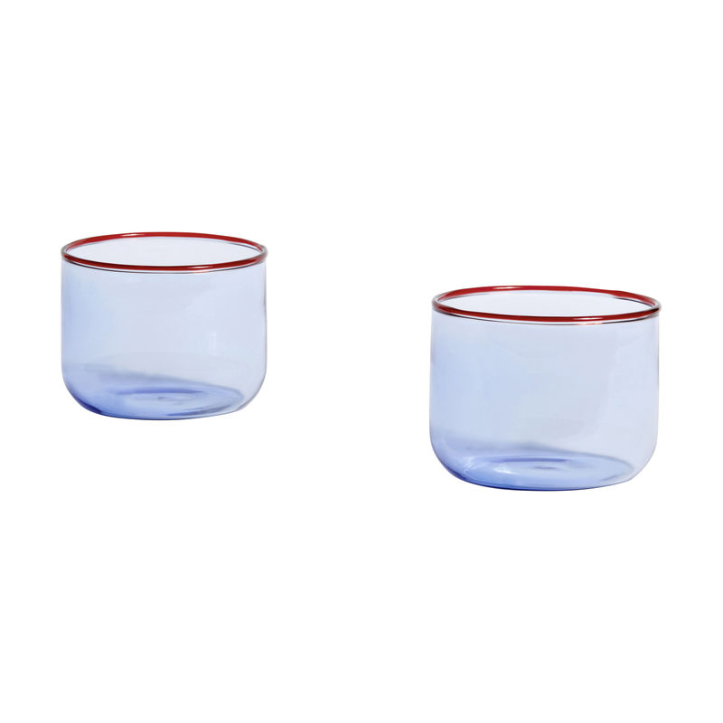 Tavola - Bicchieri  - Bicchiere Tint Small vetro blu / Set di 2 - H 5,5 cm / 200 ml - Hay - Azzurro / Bordo rosso - Vetro borosilicato