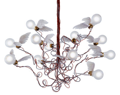 Lighting - Pendant Lighting - Birdie Pendant by Ingo Maurer - White / red cables - Feathers, Glass, Metal