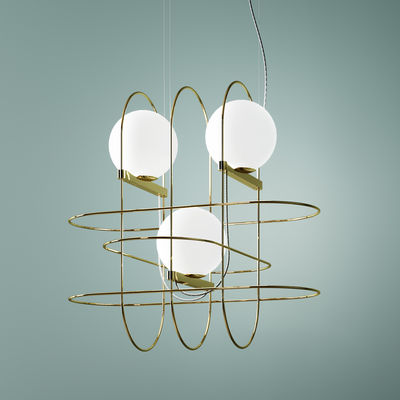 Lighting - Pendant Lighting - Setareh triple Pendant - / LED - W 45 x H 45 cm by Fontana Arte - Gold, White - Metal, Mouth blown glass