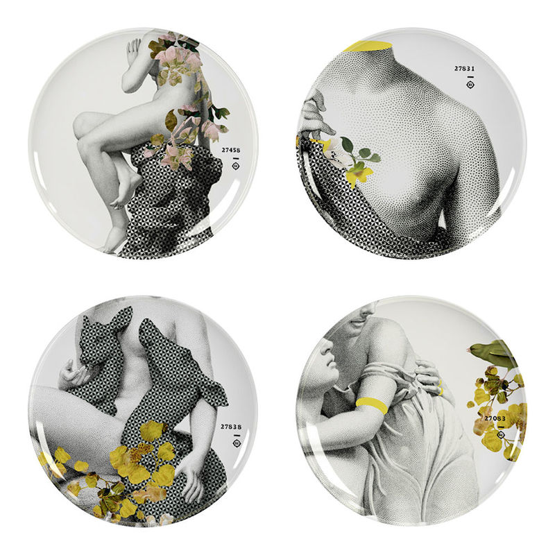 Tableware - Plates - Yuan Parnasse Plate plastic material multicoloured / Set of 4 - Ibride - Grey / Grey & yellow motifs (Parnassus) - Melamine
