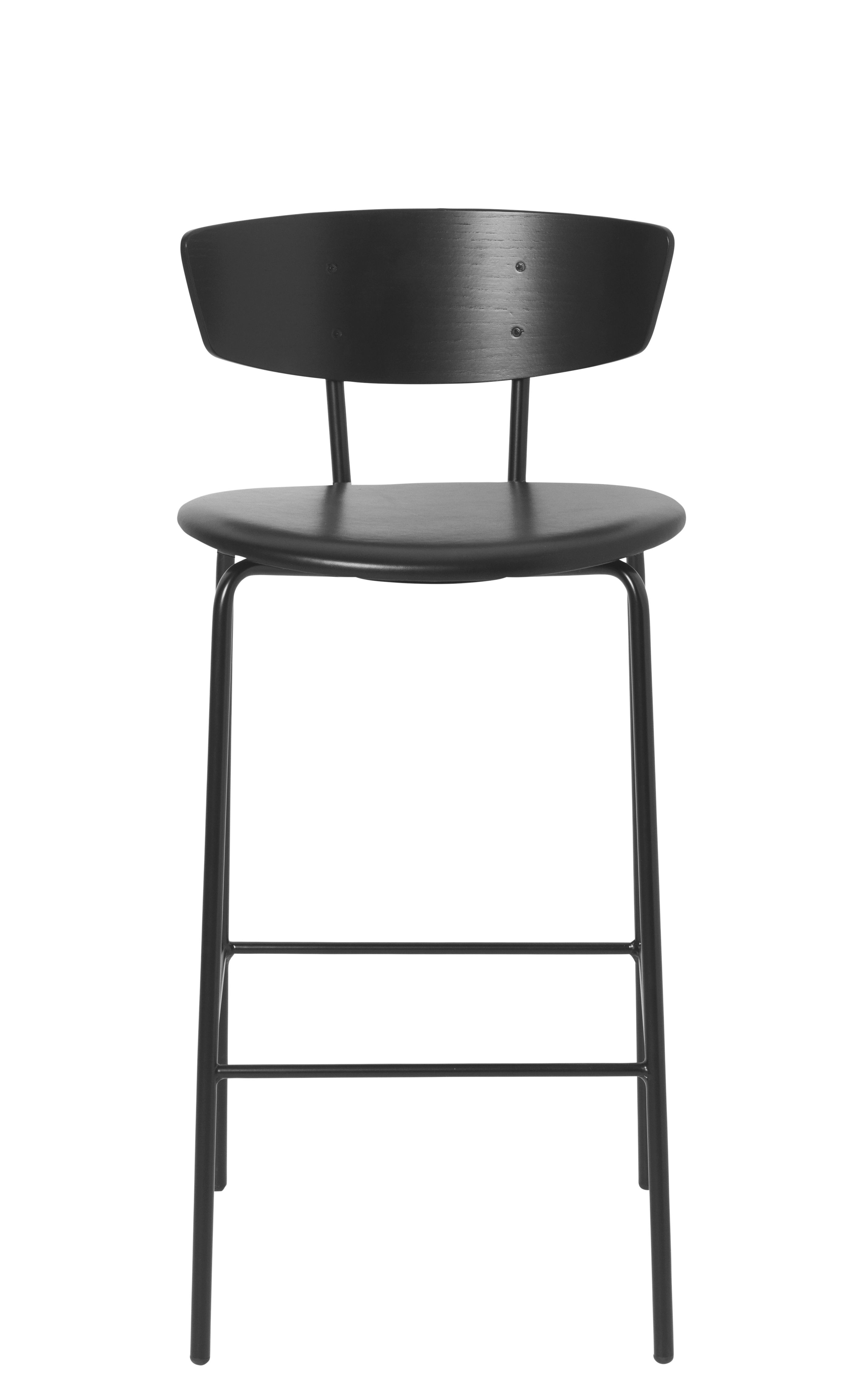 Chaise de bar Herman / H 64 cm - Cuir - Ferm Living noir en métal/cuir/bois