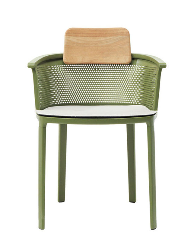 Mobilier - Chaises, fauteuils de salle à manger - Fauteuil empilable Nicolette métal vert / Aluminium & teck - Ethimo - Vert & teck / Coussin blanc - Aluminium moulé laqué, Teck naturel, Tissu acrylique