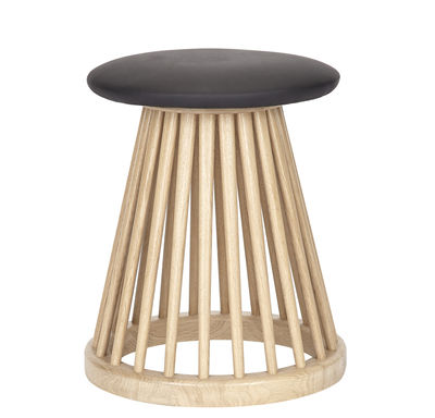 Furniture - Stools - Fan Stool by Tom Dixon - Natural base / black leather seat pad - Leather, Natural oak
